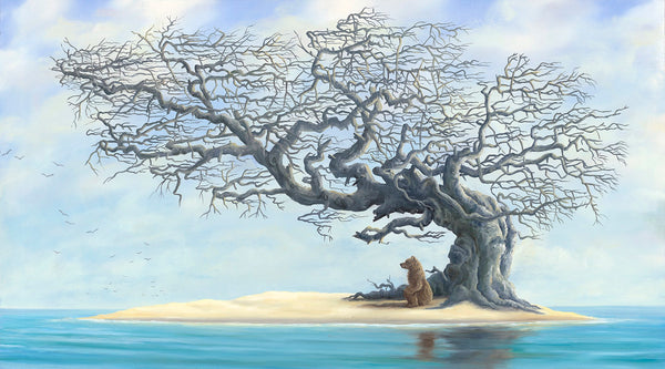 The Island bear painting by Robert Bissell features a bear on a deserted island.