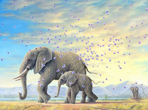 The Journey by by Robert Bissell features a mama and baby elephant on a journey across the plains.