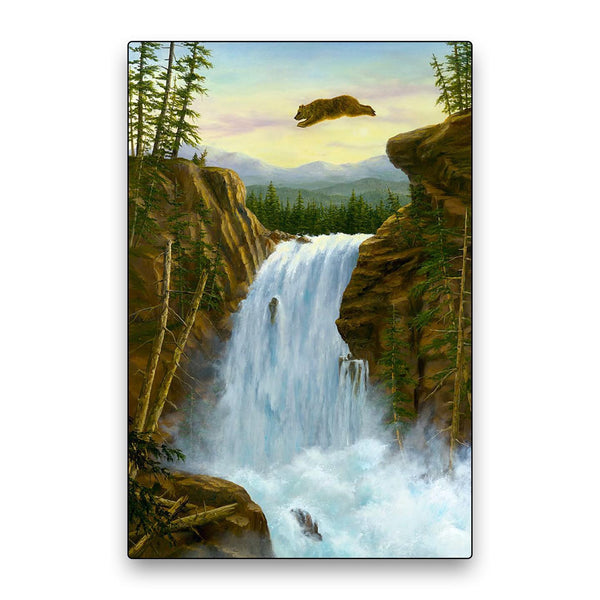 The Leap oil painting by Robert Bissell features a bear taking a leap of faith over a waterfall.