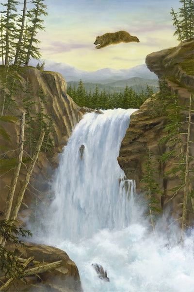 The Leap oil painting by Robert Bissell features a bear taking a leap of faith over a waterfall.