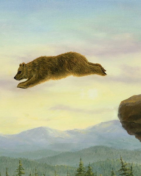 The Leap oil painting by Robert Bissell features a bear taking a leap of faith over a waterfall.