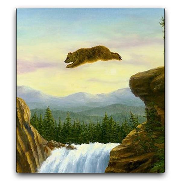 The Leap oil painting by Robert Bissell features a bear taking a leap of faith over a waterfall.