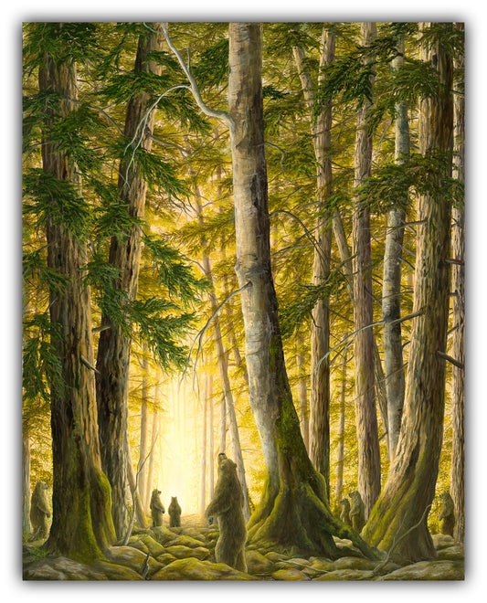 The Portal by Robert Bissell features bears in the forest with the bright light of the setting sun.