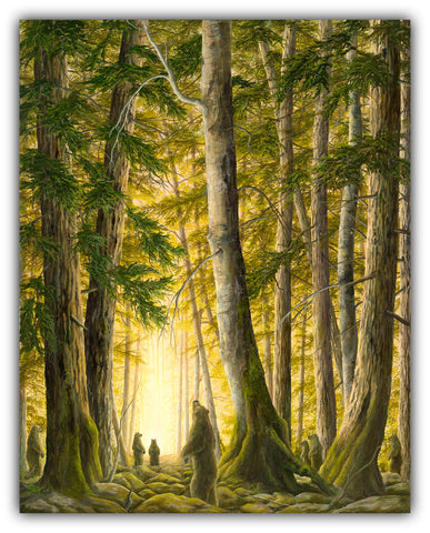 The Portal by Robert Bissell features bears in the forest with the bright light of the setting sun.