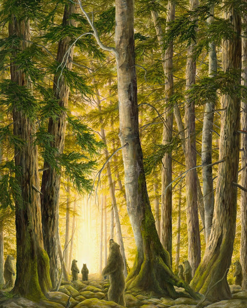 The Portal by Robert Bissell features bears in the forest with the bright light of the setting sun.