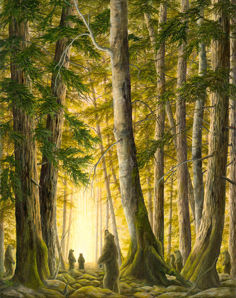 The Portal by Robert Bissell features bears in the forest with the bright light of the setting sun.