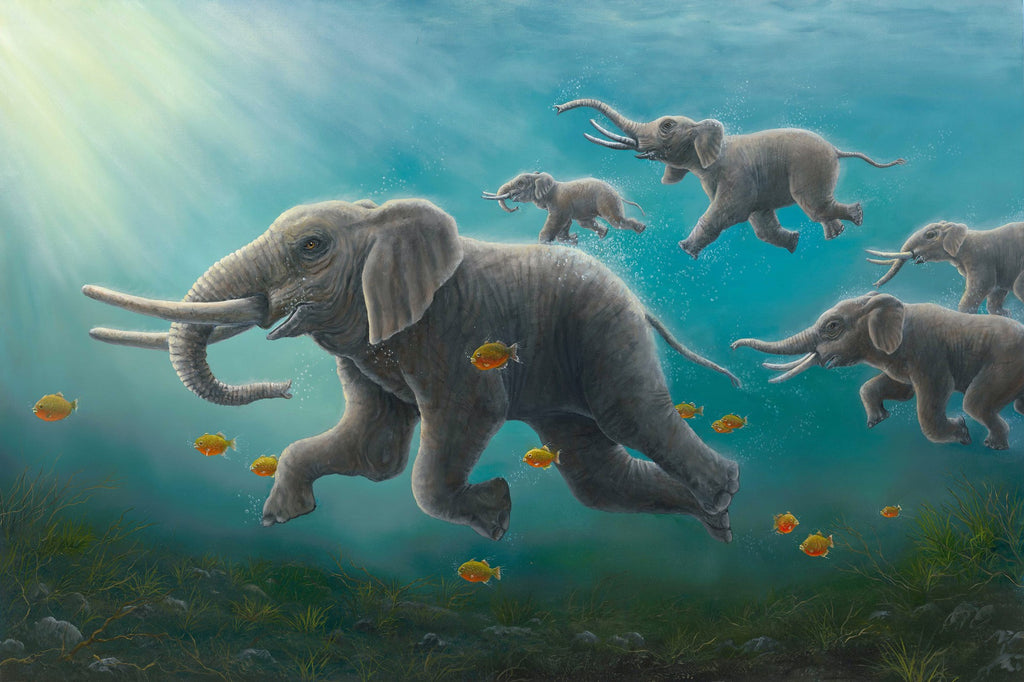 The Race Limited-Edition by Robert Bissell features elephants racing under water.