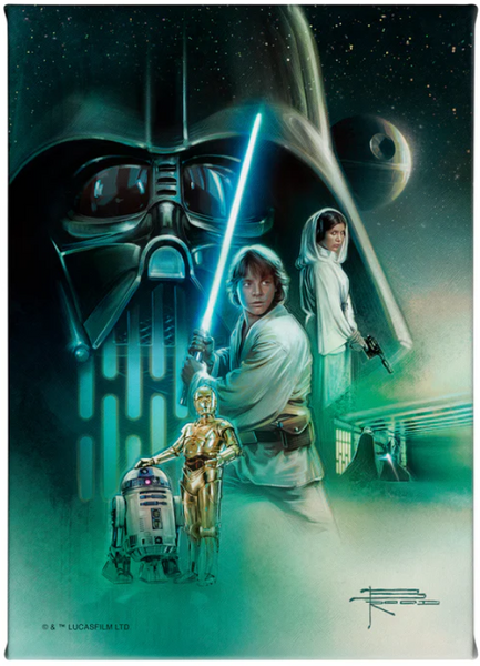 “Luke Skywalker holding a lightsaber with Princess Leia, R2-D2, C-3PO, and Darth Vader in a dramatic Star Wars scene from The Rebels Path by Thomas Kinkade Studios.”