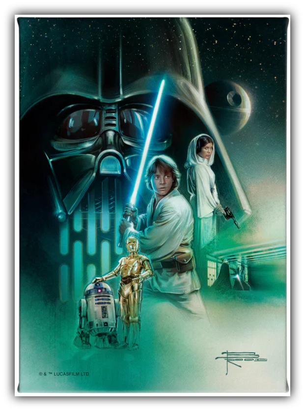 “Luke Skywalker holding a lightsaber with Princess Leia, R2-D2, C-3PO, and Darth Vader in a dramatic Star Wars scene from The Rebels Path by Thomas Kinkade Studios.”