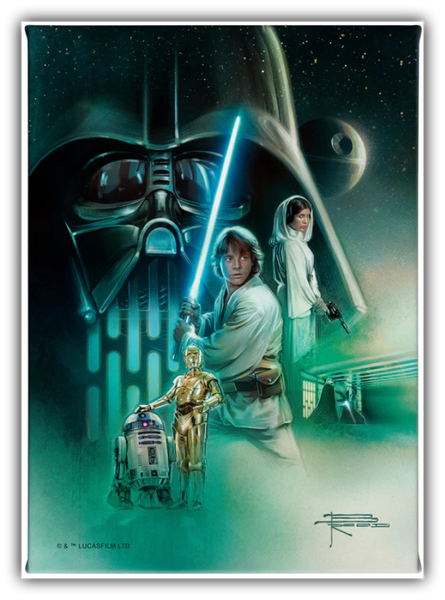 “Luke Skywalker holding a lightsaber with Princess Leia, R2-D2, C-3PO, and Darth Vader in a dramatic Star Wars scene from The Rebels Path by Thomas Kinkade Studios.”