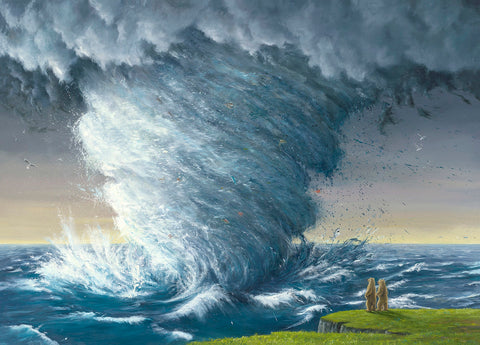 The Tempest by Robert Bissell features bears on a cliff by the ocean with a hurricane approaching.