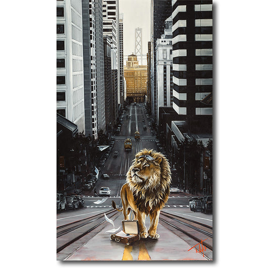 The Line – Limited Edition Lion Painting by Pete Tillack, Symbolic Contemporary Art - San Francisco City Scene