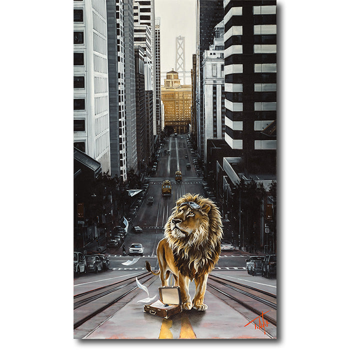The Line – Limited Edition Lion Painting by Pete Tillack, Symbolic Contemporary Art - San Francisco City Scene