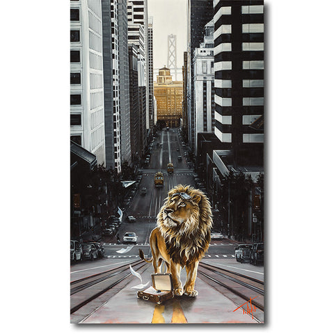 The Line – Limited Edition Lion Painting by Pete Tillack, Symbolic Contemporary Art - San Francisco City Scene