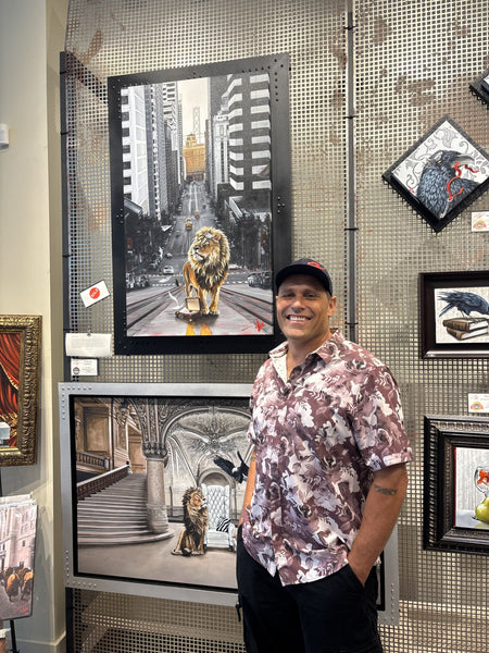 Artist Pete Tillack Standing next to The Line original oil painting at Gallery 1870 Napa