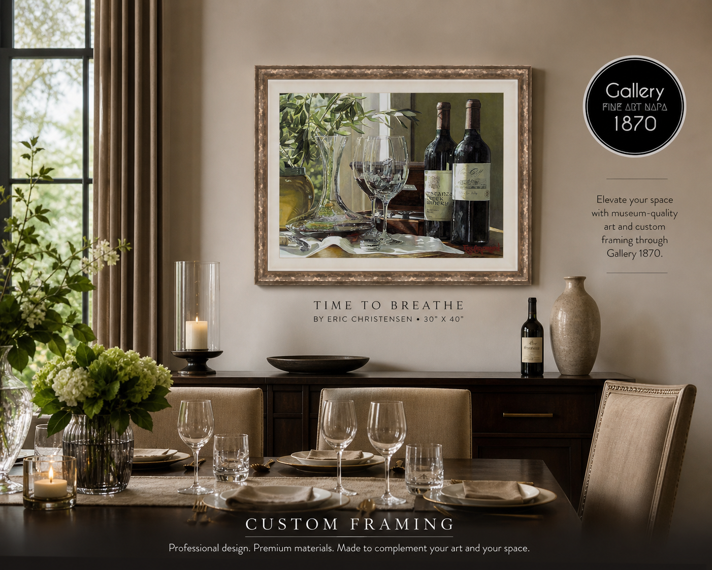 Time to Breathe by Eric Christensen custom framed canvas in elegant dining room Gallery 1870 Napa