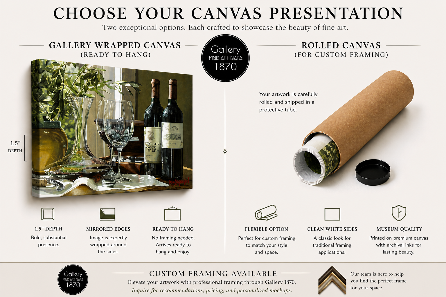 Gallery wrapped vs rolled canvas comparison Eric Christensen Time to Breathe mirrored edges and custom framing option