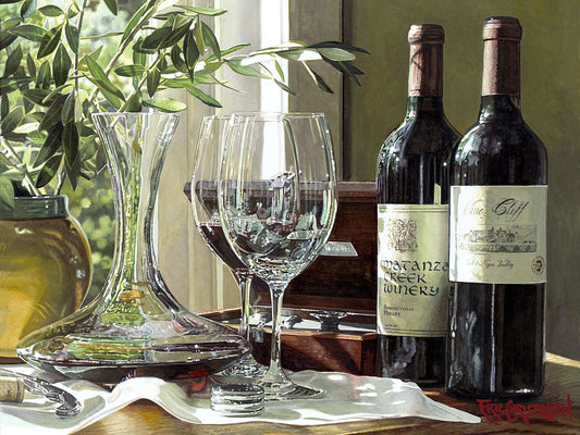 Time to Breathe by Eric Christensen wine still life painting featuring decanter and bottles Napa Valley art