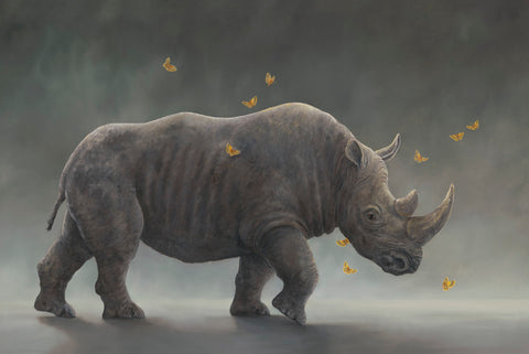 Titan I by Robert Bissell features a rhinoceros surrounded by butterflies.