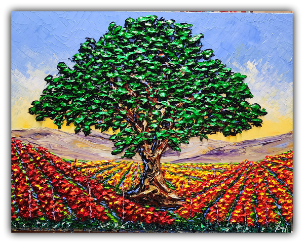 Original acrylic painting of a large tree surrounded by vibrant red and gold autumn vineyard rows with textured palette-knife impasto under a blue and golden sky.