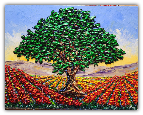 Original acrylic painting of a large tree surrounded by vibrant red and gold autumn vineyard rows with textured palette-knife impasto under a blue and golden sky.