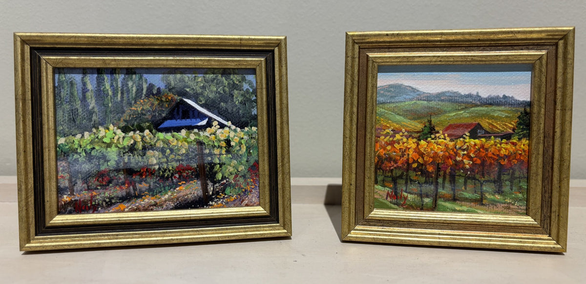 Napa Valley Vineyards with Barn miniature original paintings by California Artist Karen Neely