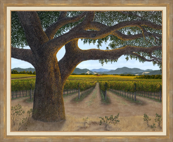 Autumn Oak by Patrick O’Rourke in custom frame – Napa Valley vineyard artwork with oak tree