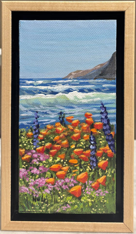 Poppies by the Sea original acrylic painting by Karen Neely (#W373), 6x3", with California poppies, wildflowers, and ocean waves, float framed in hand-rubbed maple.