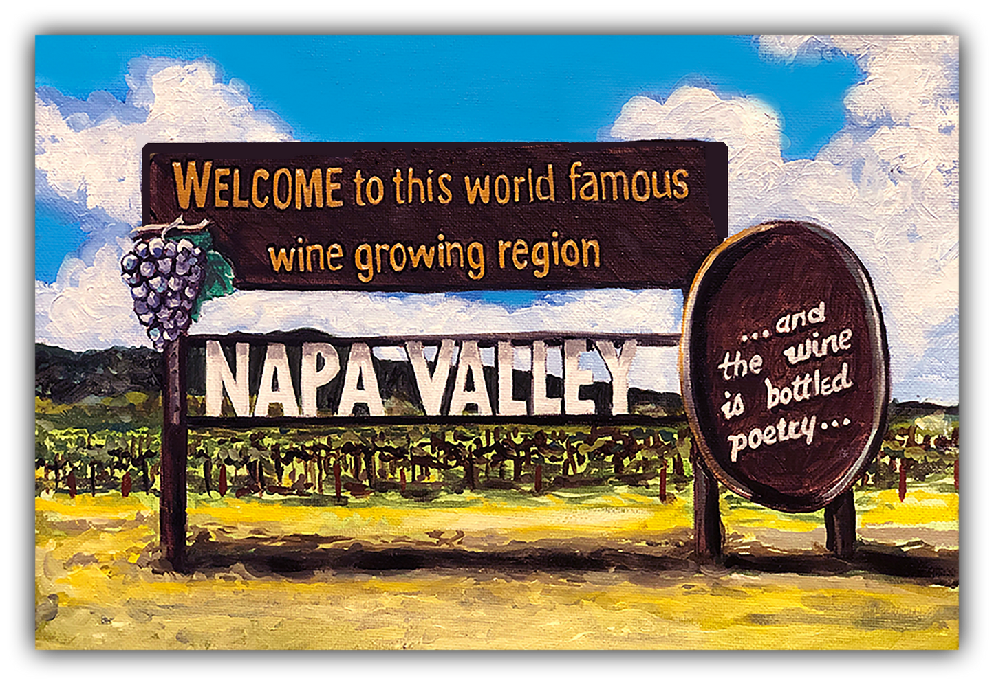 Napa Valley sign with vineyard background by artist Thor