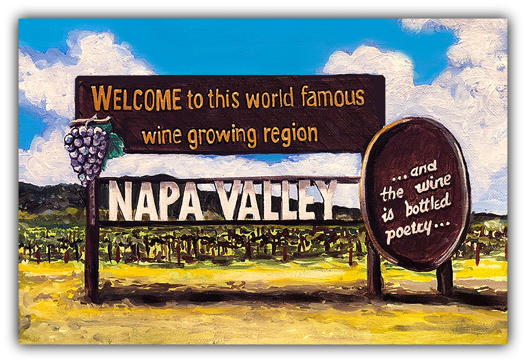 Napa Valley sign with vineyard background by artist Thor