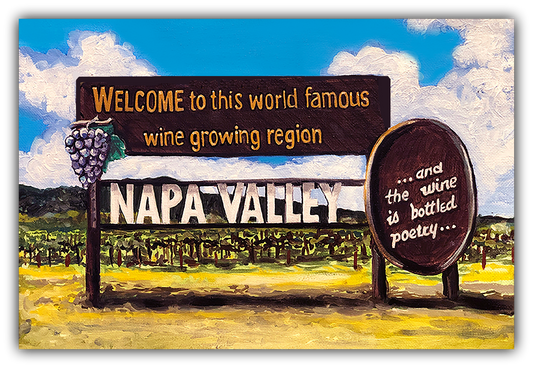 Napa Valley sign with vineyard background by artist Thor