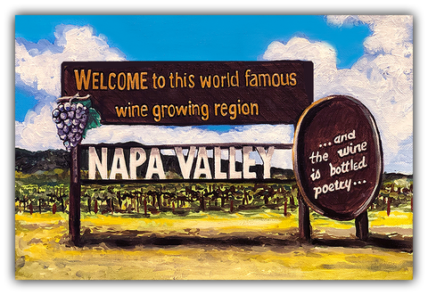 Napa Valley sign with vineyard background by artist Thor
