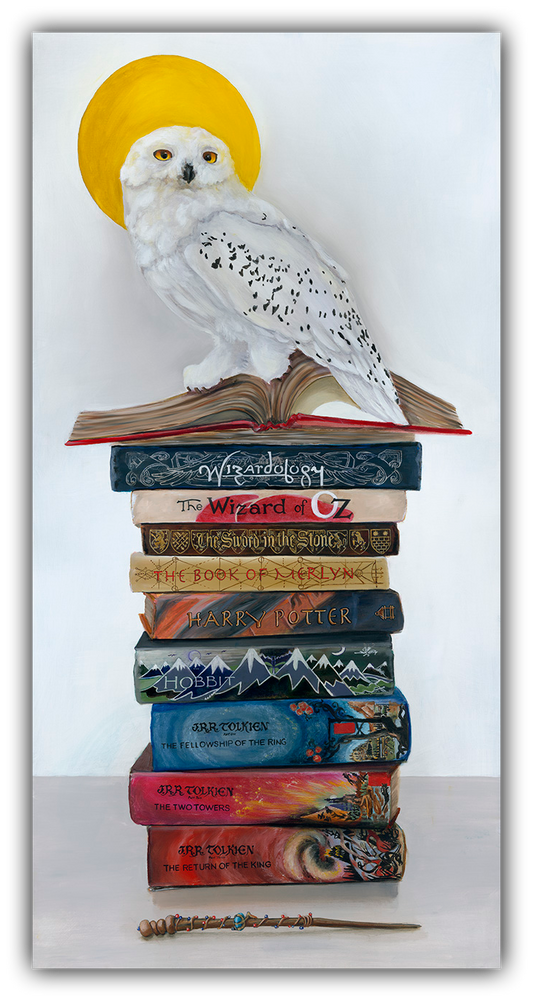 Wizardry giclée on canvas by Napa Valley artist Gail Chandler featuring snowy owl and fantasy novels – available at Gallery 1870 Fine Art Napa