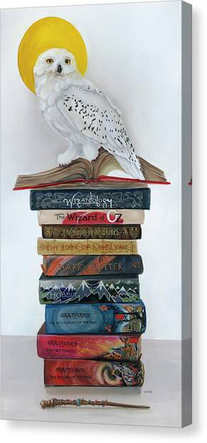Wizardry giclée on canvas by Napa Valley artist Gail Chandler featuring snowy owl and fantasy novels – available at Gallery 1870 Fine Art Napa