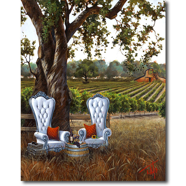 “Embrace the Unknown by Pete Tillack showing two white chairs under a tree overlooking Napa Valley vineyards.”