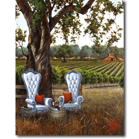 “Embrace the Unknown by Pete Tillack showing two white chairs under a tree overlooking Napa Valley vineyards.”