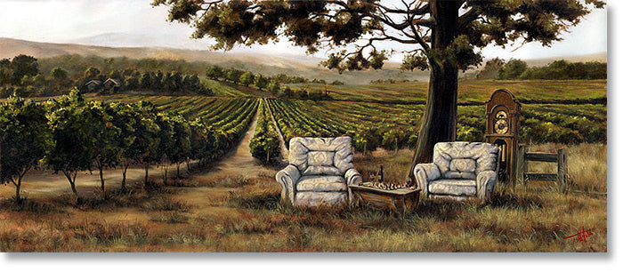 The Good Life painting by Pete Tillack featuring easy chairs overlooking a vineyard