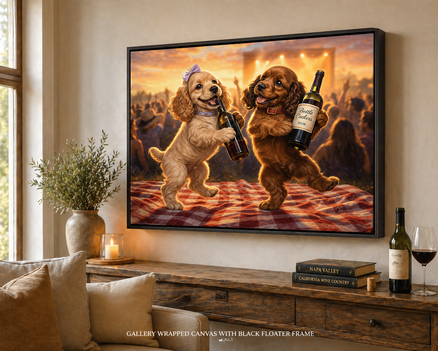 Bottle Cockers dog wine artwork by Lila Joy displayed in a black floating frame on a living room wall