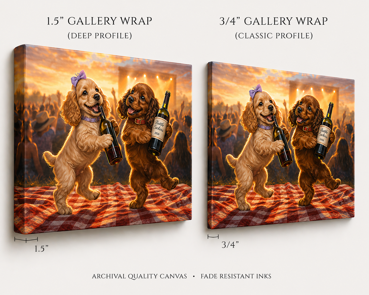 Gallery wrapped canvas comparison showing 1.5 inch deep profile and 3/4 inch classic profile for Bottle Cockers art by Lila Joy