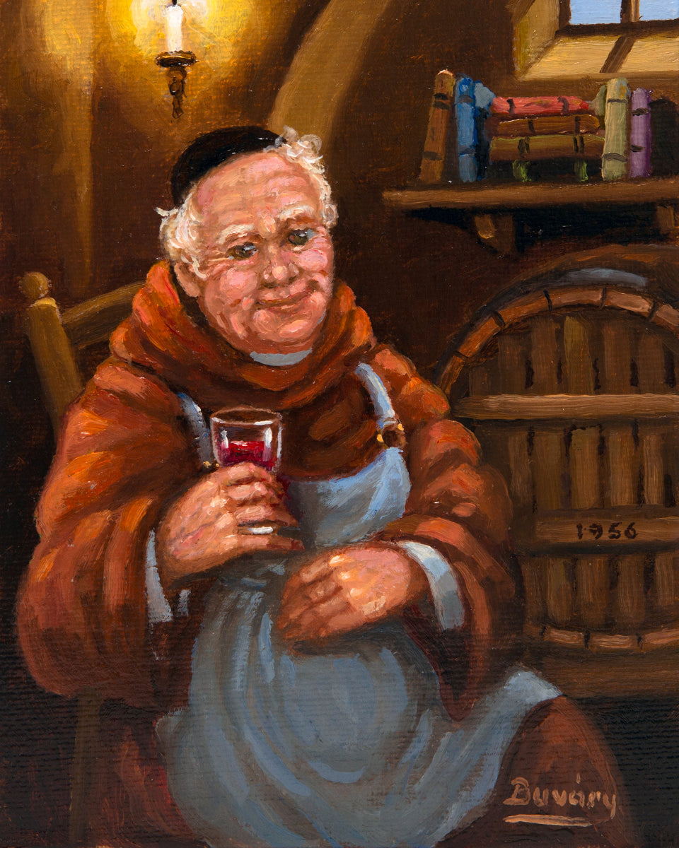 A Quiet Toast by Imre Buvary featuring a smiling monk enjoying a glass of red wine beside a wine barrel marked "1956" in a rustic old-world wine cellar.