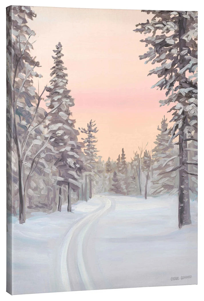 Winter Trail by Cherie Serrano, snowy woodland trail, 24 x 36 gallery wrapped canvas