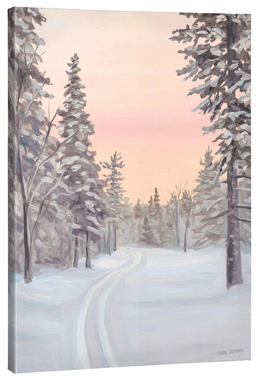Winter Trail by Cherie Serrano, snowy woodland trail, 24 x 36 gallery wrapped canvas