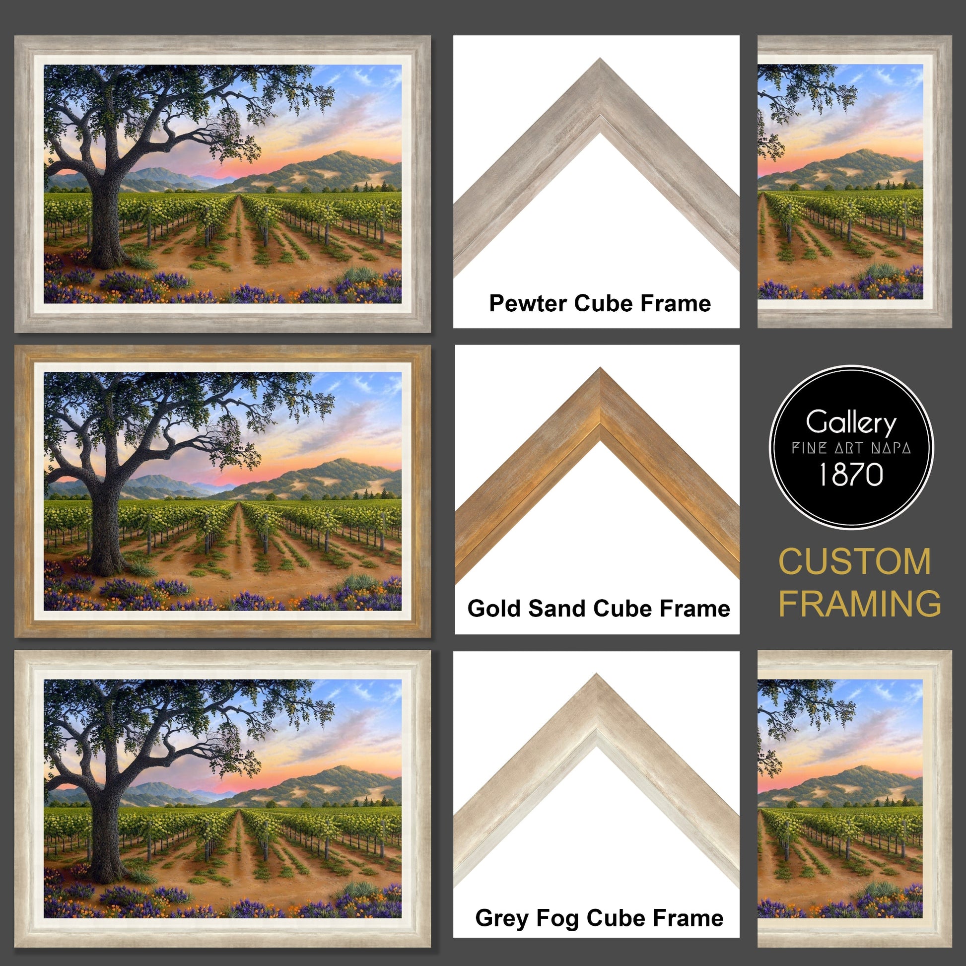 Custom framing options for Napa Valley artwork pewter gold and grey/silver frame choices