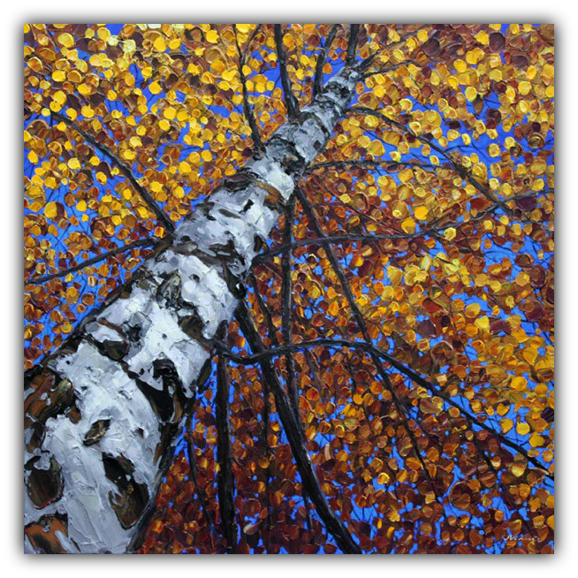 Day Dreaming limited edition giclée on canvas by Jennifer Vranes showing the upward view of a tall white aspen with golden autumn leaves against a blue sky.