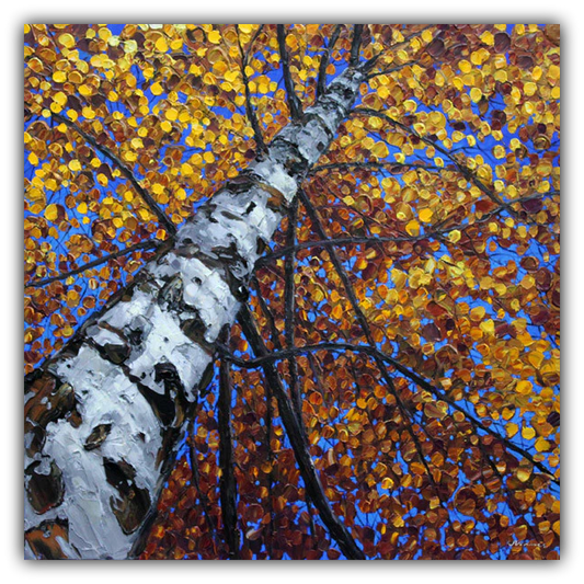 Day Dreaming limited edition giclée on canvas by Jennifer Vranes showing the upward view of a tall white aspen with golden autumn leaves against a blue sky.