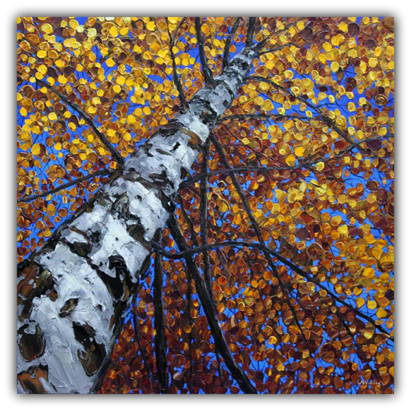 Day Dreaming limited edition giclée on canvas by Jennifer Vranes showing the upward view of a tall white aspen with golden autumn leaves against a blue sky.