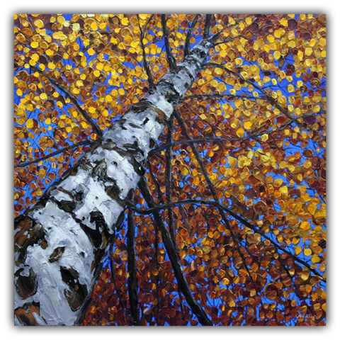Day Dreaming limited edition giclée on canvas by Jennifer Vranes showing the upward view of a tall white aspen with golden autumn leaves against a blue sky.