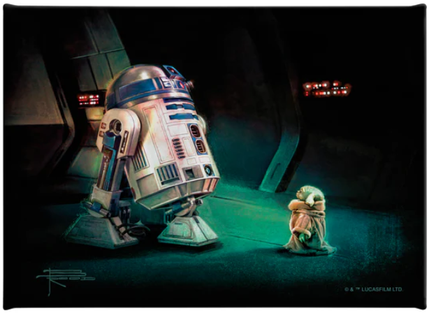 “R2-D2 and Grogu facing each other in a dimly lit sci-fi hallway in First Meeting, Star Wars artwork by Thomas Kinkade Studios.”
