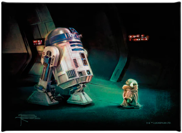 “R2-D2 and Grogu facing each other in a dimly lit sci-fi hallway in First Meeting, Star Wars artwork by Thomas Kinkade Studios.”