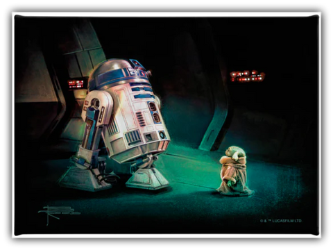 “R2-D2 and Grogu facing each other in a dimly lit sci-fi hallway in First Meeting, Star Wars artwork by Thomas Kinkade Studios.”